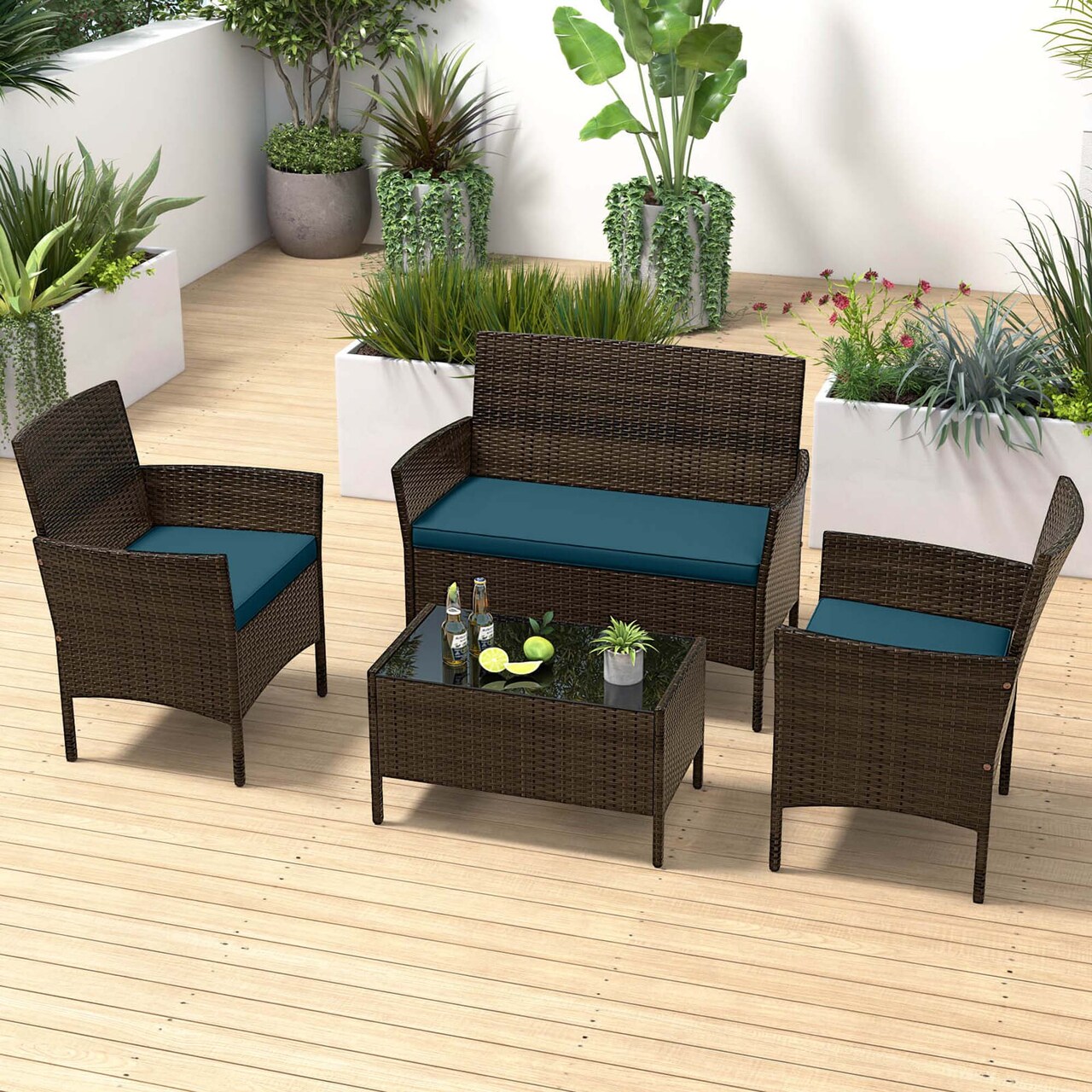 Costway 4 PCS Patio Furniture Set with Washable Cushions and Tempered Glass Coffee Table Beige/Black/Navy/Grey/Turquoise/Red/Blue/Orange